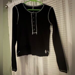 FREE PEOPLE movement Black Henley type shirt with white thread accents